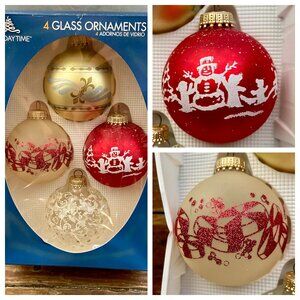 4 Vintage HOLIDAY TIME Christmas Glass Ball Ornaments Boxed Snowman Glitter USA